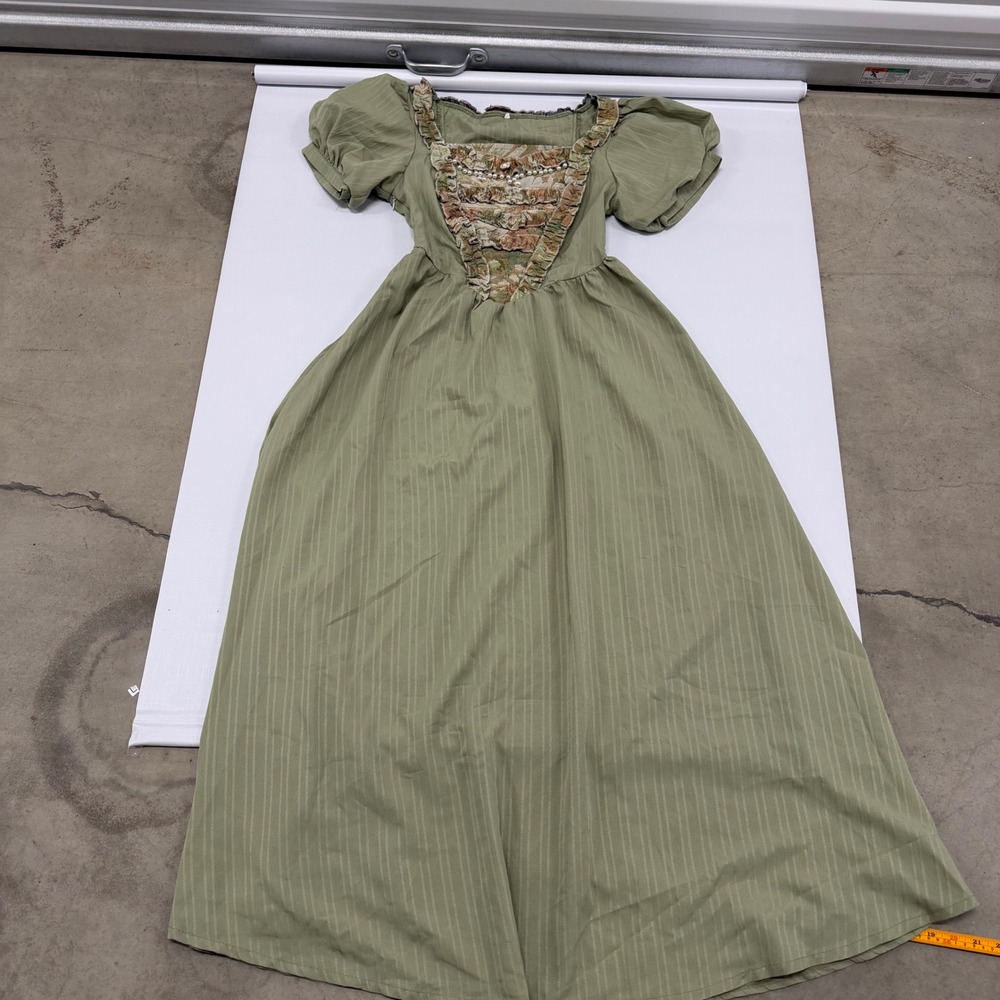 Vintage Style Sage Green Cottagecore Maxi Dress Pearl Floral Tapestry Medium - Picture 9 of 10